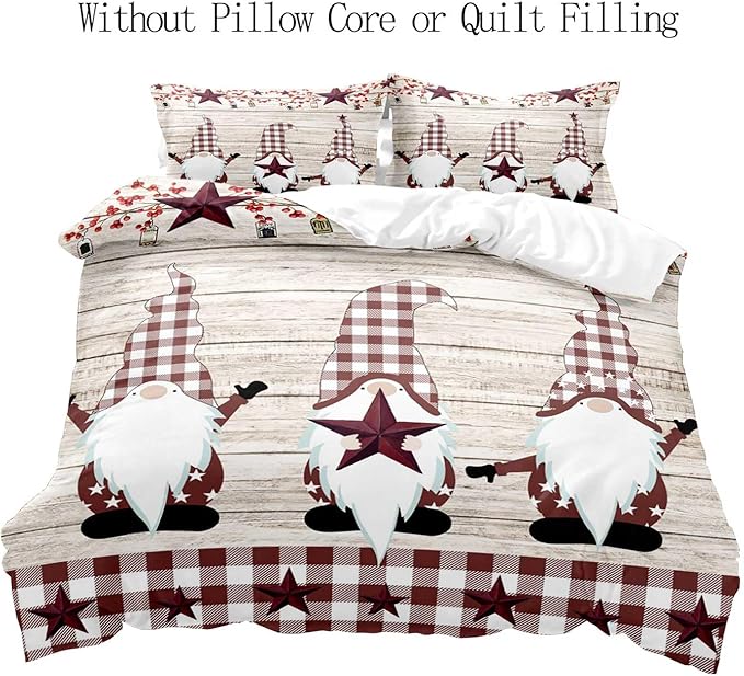 LUVIVIHOME 2PCS Christmas Gnome Duvet Cover Twin Bedding Sets, Primitive Country Rustic Farmhouse Bedding, Holly Berry Star Red Buffalo Plaid Checkered Comforter Bedspread Quilt Cover, 1 Pillow Sham