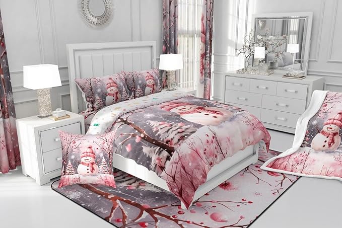 Feelyou Cute Snowman Comforter Set All Season Christmas Tree Bedding Set with 2 Pillow Cases Xmas Snowflake Microfiber Kids Full Bedclothes Pink Scarf Bedroom Decor Pink Winter Scene Duvet Quilt