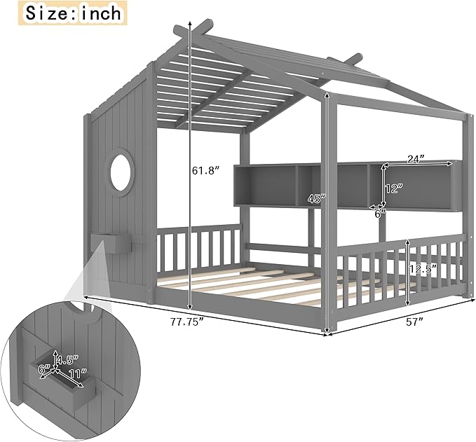 Full Size House Bed with Storage Shelves for Kids,Kids Montessori Floor Bed, Cute Wood House Bed Frame Full with Roof for Girls,Boys,Can be Decorated,Gray