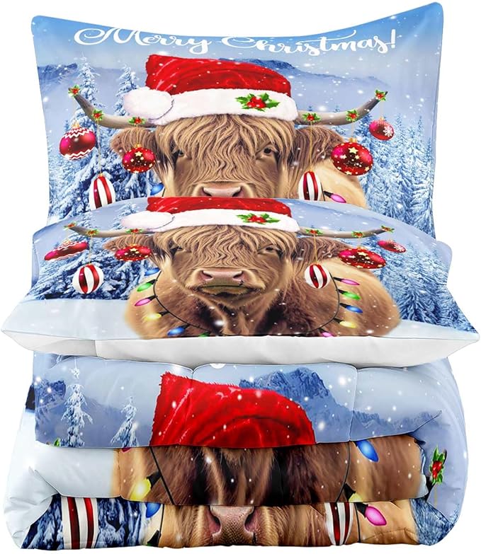 LUVIVIHOME 3PCS Funny Highland Cow Comforter Set Full Size, Christmas Bedding, Cattle Bull Animal Santa Christmas Balls Winter Holiday Xmas New Year Christmas Bedroom Decor, Cow Gifts, 2 Pillow Shams