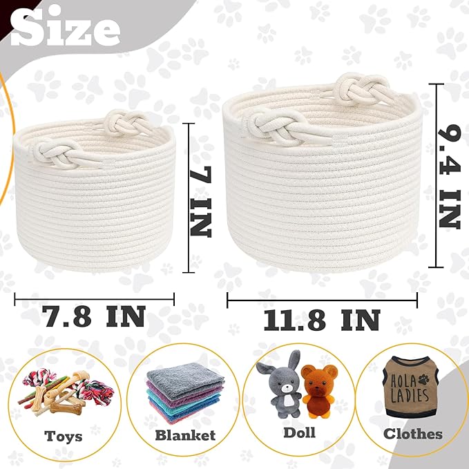 Personalized Dog Toy Basket Custom Rope Woven Box with Pet's Name Dog Storage Organizer with Handles Cute Toy Bin for Cat White