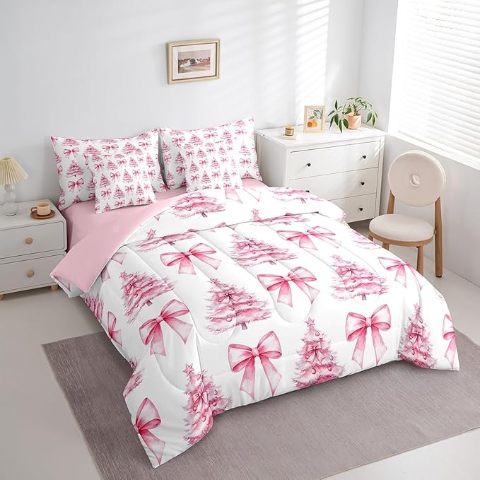 Manfei 7 Pieces Pink Bowknot Kids Comforter King,Christmas Trees Pine Bow Tie Toddler Bedding Set,Merry Christmas Happy New Year Xmas（Comforter+Fitted+Flat Sheet+2 Pillowcases+2 Throw Pillow Covers）
