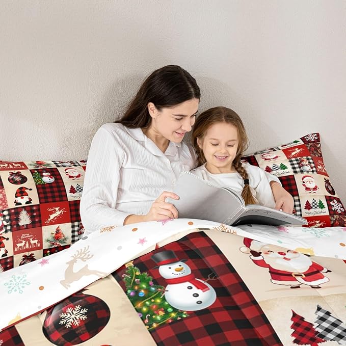 Christmas Comforter Set King Size,Red Plaid Holiday Design Bedding Set 3pcs,Snowman Santa Claus New Year Patchwork Down Comforter for All Season, Kids Boys Girls Room Decor,2 Pillowcases,No Sheets