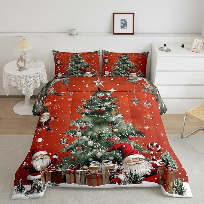 Christmas Theme Bedding Set Full Size,Snowflake Christmas Tree Comforter Set for Kids Teens Adults Room Decor,Santa Claus Red Duvet Insert 3Pcs,X'mas Star Polka Dot Glitter Quilt Set,2 Pillowcases