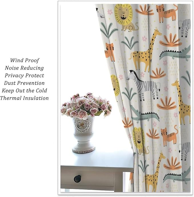 Wild Animals Curtains, Cute Cartoon Animals Zoo with Lion Zebra Crocodile Cat and Giraffe Tropical Jungle Plant Print Window Treatments for Kids Boys Girls Bedroom Living Room 84x84in