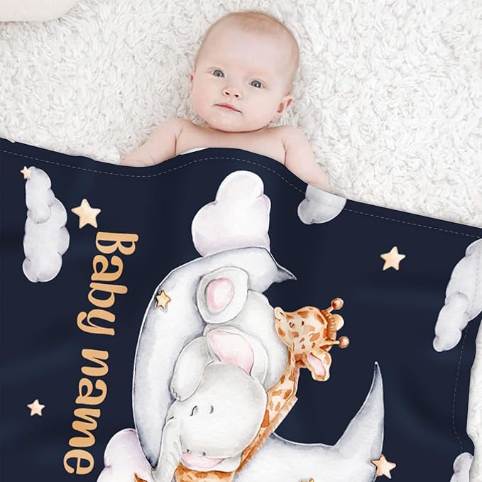 Custom Safari Animals Blanket Gift, Personalized Baby Blanket with Name, Soft Plush Flannel/Sherpa Fleece Throw Blankets for Toddler Kid Teen Boys Girls Color15