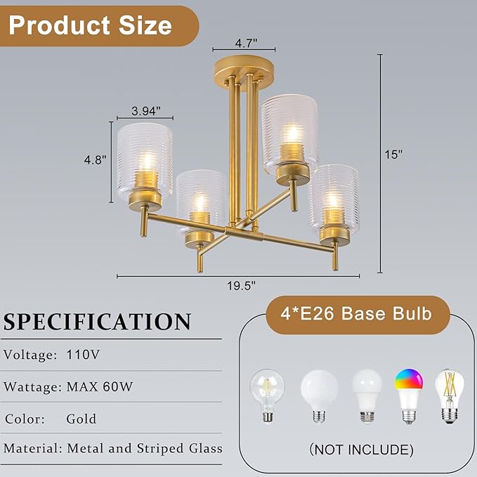 Gold Sputnik Semi Flush Mount Ceiling Light Fixture 4-Light Modern Sputnik Chandelier with Striped Glass Shade for Living Room Dining Room Kitchen Island Bedroom Hallway Entryway Foyer