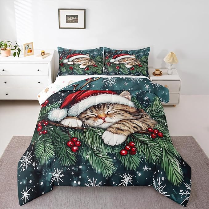 Cute Cat Kids Comforter Set Twin Size,Winter Holly Berry Snowflake Bedding Set Boy Girl Room Decor,Animal Merry Christmas Poinsettia Quilt Comforter,Dark Green Duvet Set Bedroom Quilt Set,1 Pillowcase