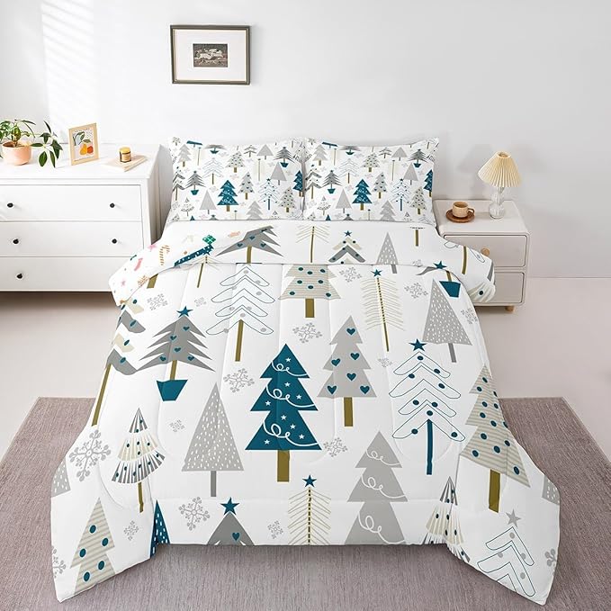 Xmas Trees Comforter Set Queen Size,Merry Christmas Pine Hand Drawn Bedding Set for Women Adult,Blue Plant Snowflakes Winter Luxury Bed Duvet Insert, 2 Pillowcases
