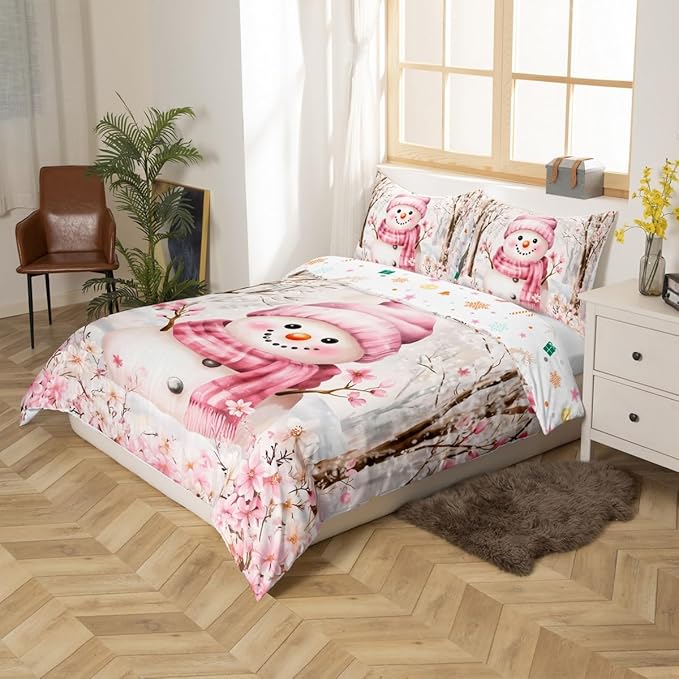 Manfei Christmas Kids Duvet Cover Set Twin Size, Cute Snowman Xmas Bedding Set for Boy Girls Room Decor, Pink Flower New Year Comforter Cover, Soft Polyester Quilt Cover, 1 Pillowcase, No Comforter