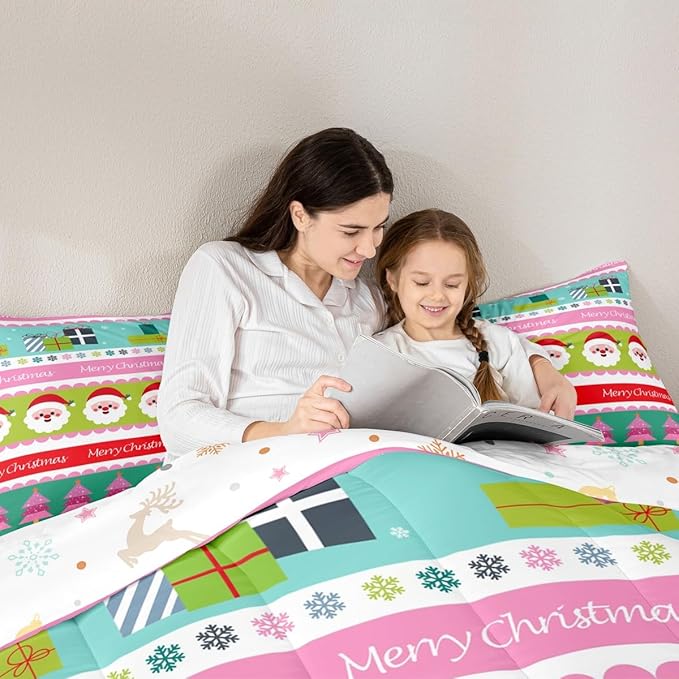 Feelyou Merry Christmas Comforter Set Full Size Santa Claus Bedding Set for Kids Boys Girls Xmas Tree Snowflake Duvet Quilt Striped Bedroom Decor Microfiber 3 Pcs with 2 Pillow Cases