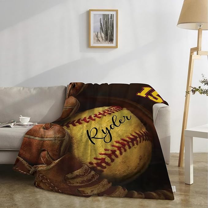 Custom Baby Softball Blanket with Name Number: Personalized Fluffy and Warm Gift for Baby Toddler Kids and Adults Birthday Skin-Friendly Flannel Fabric(40"x50")