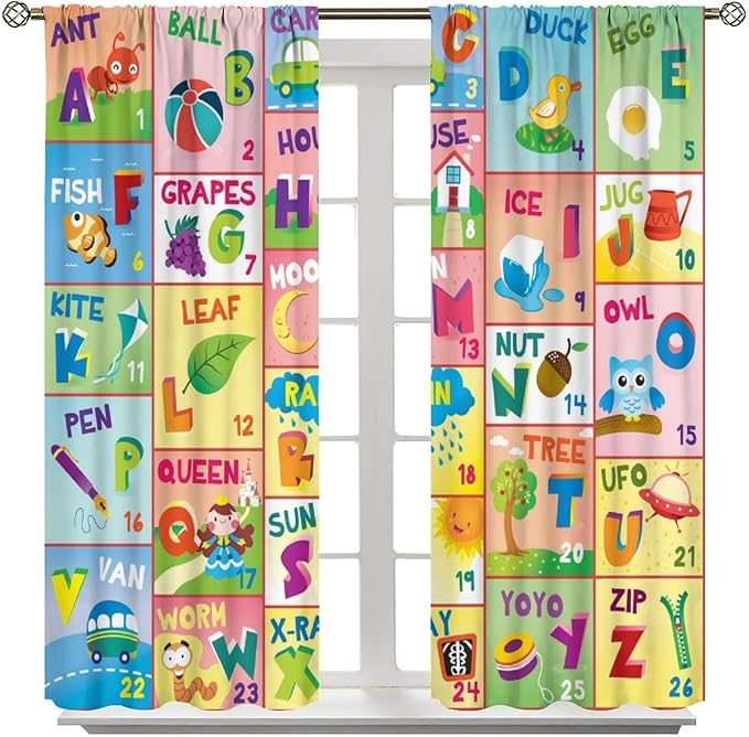 Colorful ABC Classroom Nursery Curtains Kids Alphabet Learning Baby Boys Girls Curtain with Rod Pocket for Children Toddler Playroom Home Drapes Window Treatments 2 Panels Set 84" W X 84" L