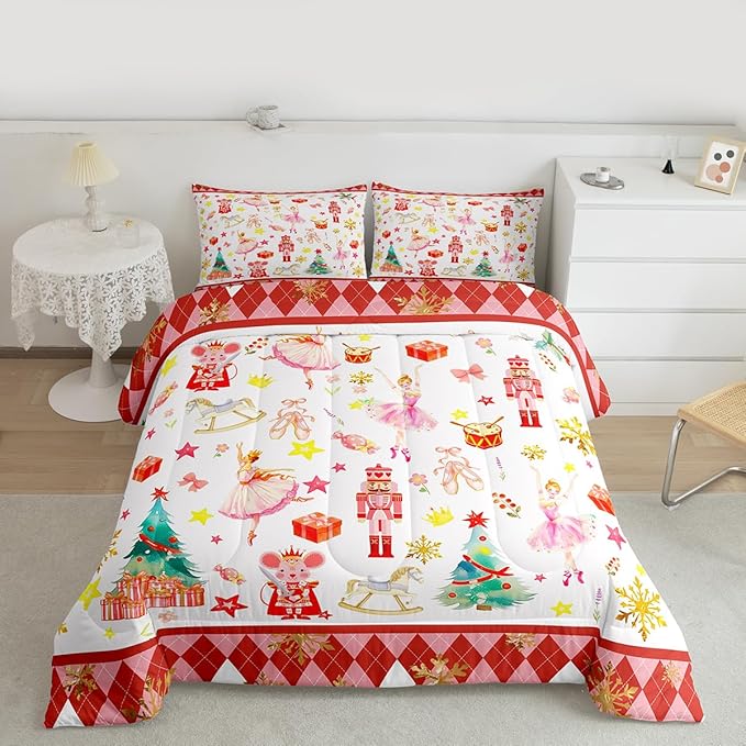 Feelyou Christmas Comforter Set All Season Ballet Nutcracker Bedding Set with 2 Pillow Cases Snowflake Kids King Bedclothes Bedroom Decor Duvet Quilt Breathable Soft Lightweight