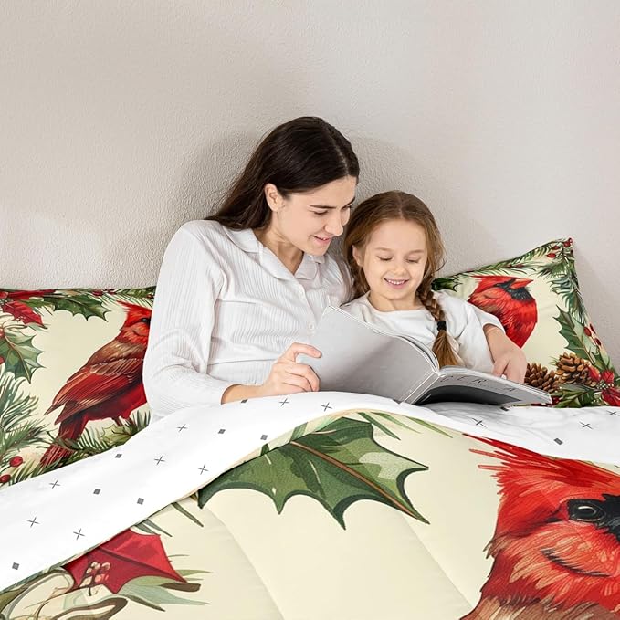 jejeloiu Kids Red Cardinal Comforter Set Queen Size Christmas Tree Green Plants Bedding Set for Boys Girls Teens Xmas Birds Animal Winter Happy New Year Duvet Quilt Room Decor