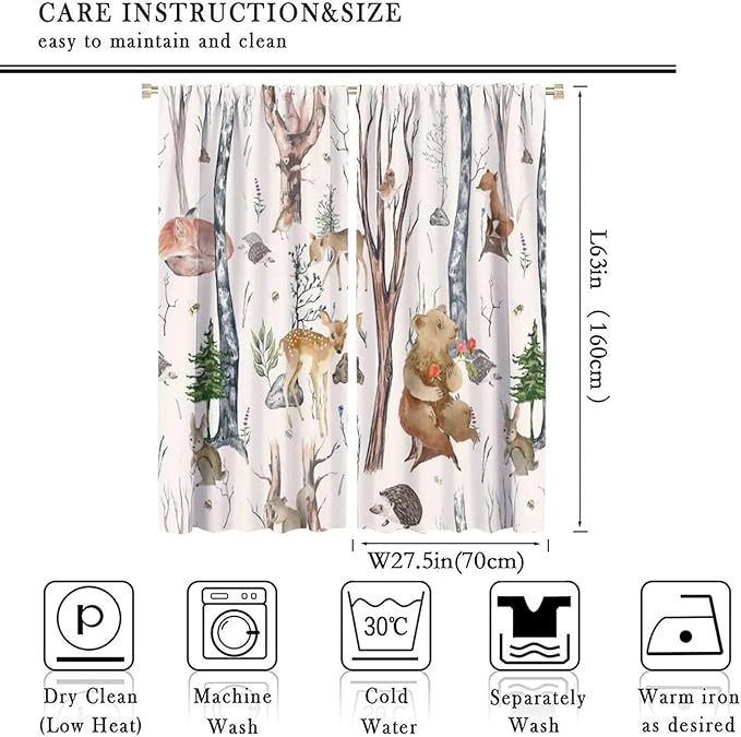 Rustic Forest Window Curtains Curtains, Woodland Animal Bear Deer Hedgehog Fox Squirrel Watercolor Blackout Rod Pocket Treatments Drapes for Boys Girls Bedroom 55x63in