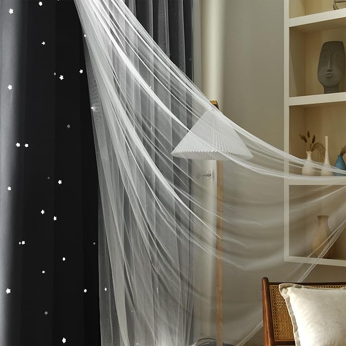 Kinryb Black Star Cutout Blackout Curtains Double Layer Curtains with Durable Sheer Curtains for Bedroom Thermal Insulated Window Treatment Set with 2 Tiebacks Black 52W x 63L 2 Panels