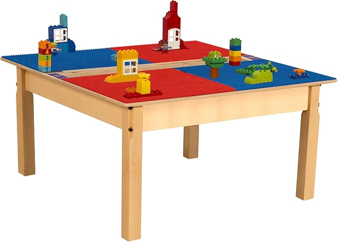Time-2-Play Montessori Toddler's 35" W Square Birch Plywood Red and Blue Compatible with Duplo Blocks Table with 16" Long Legs, Solid Wood Desk for Playroom/Daycare/Preschool