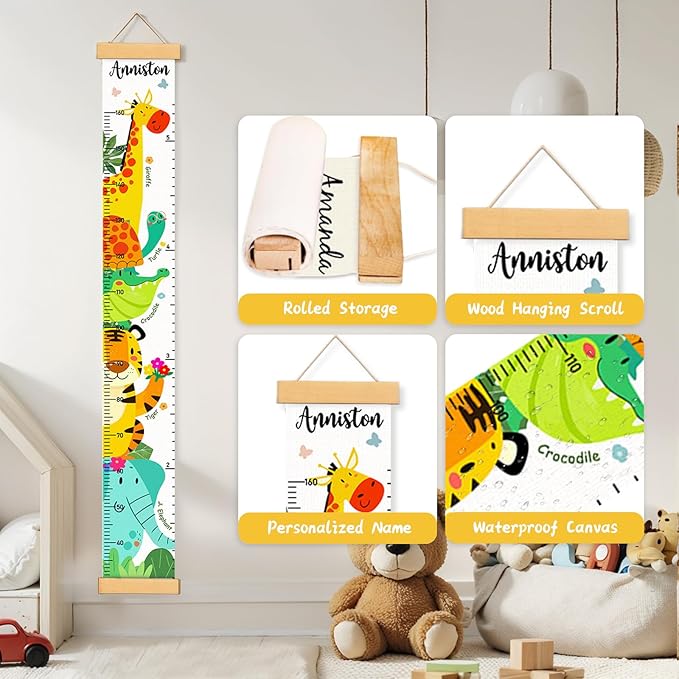 Personalized Name Height Chart for Kids, Kids Growth Chart for Wall, 59" X 7.9" Canvas Removable Height Chart Measuring Ruler for Kids & Baby(Paint Forest Animals）