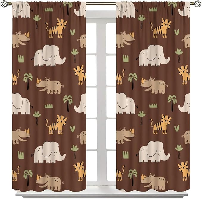 Jungle Safari Animals Blackout Curtains Cartoon Tropical Forest Animals Elephant Tiger Brown Art Print for Kids Boys Bedroom Nursery Rod Pocket Decoration Window Drapes 2 Panels W26xL84in