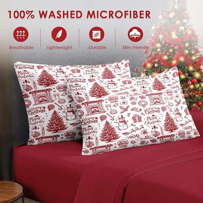 7 Pcs King Size Christmas Comforter Set with 2 Pillowcases & 2 Shams, Happy Xmas Red Pine Tree Bedding for Kids and Adults, Merry Winter Bed in a Bag with Flat Fitted Sheet