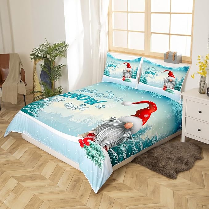 Manfei Winter Duvet Cover Set Full Size, Christmas Gnomes Bedding Set 3pcs for Kids Boys Girls Bedroom Decor, White Snowflake and Trees Print Xmas Comforter Cover with 2 Pillowcases,No Comforter