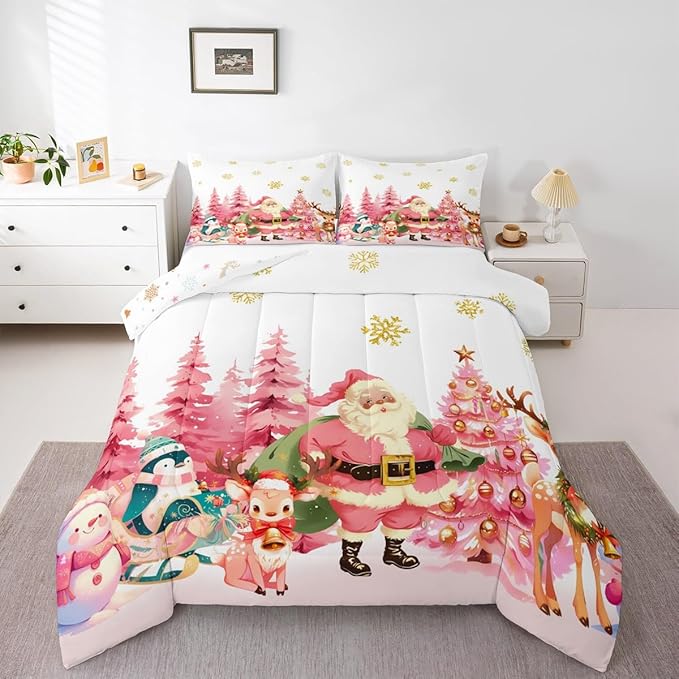 jejeloiu Merry Christmas Comforter Set Twin Size Santa Claus Bedding Set for Kids Boys Girls Cute Deer Duvet Quilt White Bedroom Decor