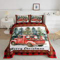 Merry Christmas Bedding Set Full Size,Retro Red Truck Christmas Tree Comforter Set for Kids Boys Girls Room Decor,Gnome Snowflake Xmas Duvet Insert 3Pcs,Black Red Plaid Quilt Set,2 Pillowcases