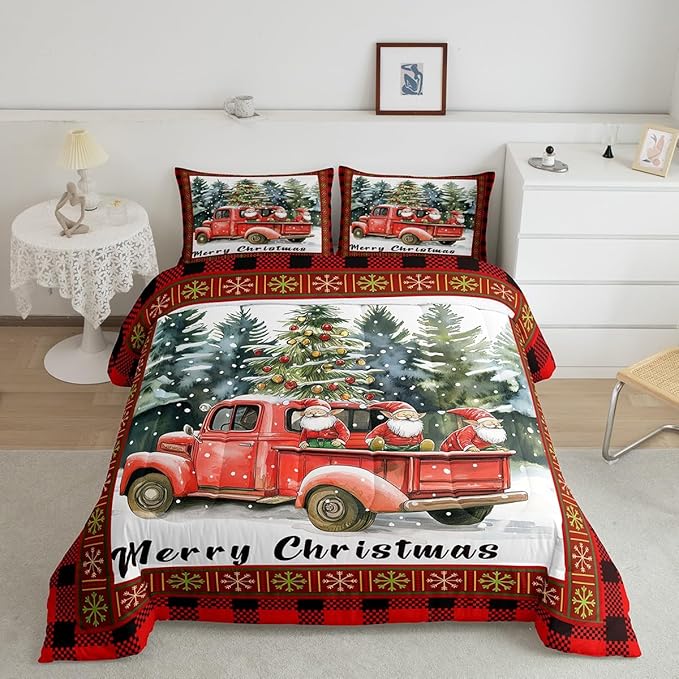 Merry Christmas Bedding Set Full Size,Retro Red Truck Christmas Tree Comforter Set for Kids Boys Girls Room Decor,Gnome Snowflake Xmas Duvet Insert 3Pcs,Black Red Plaid Quilt Set,2 Pillowcases