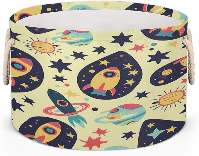 Colorful Space Pattern Round Storage Basket for Laundry & Toys, Lightweight Fabric Laundry Hamper with Handles, Foldable Large Organizer Bin for Bedroom Bathroom Nursery Dorm