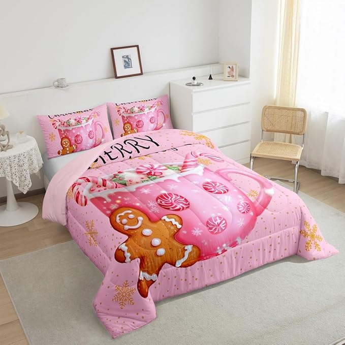 Erosebridal Merry Kids Twin Comforter Sets Christmas Decor Bedding Sets Pink Xmas Snowflake Down Comforter Dessert Gingerbread Man Bed Set for Boys Girls Teens