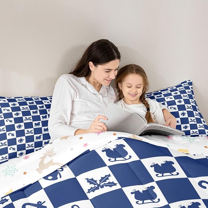 Feelyou Christmas Comforter Set All Season Checkered Pattern Bedding Set with 2 Pillow Cases Holiday Theme Kids Full Bedclothes Xmas Decor Room Decor Blue Duvet Quilt Breathable Soft Lightweight