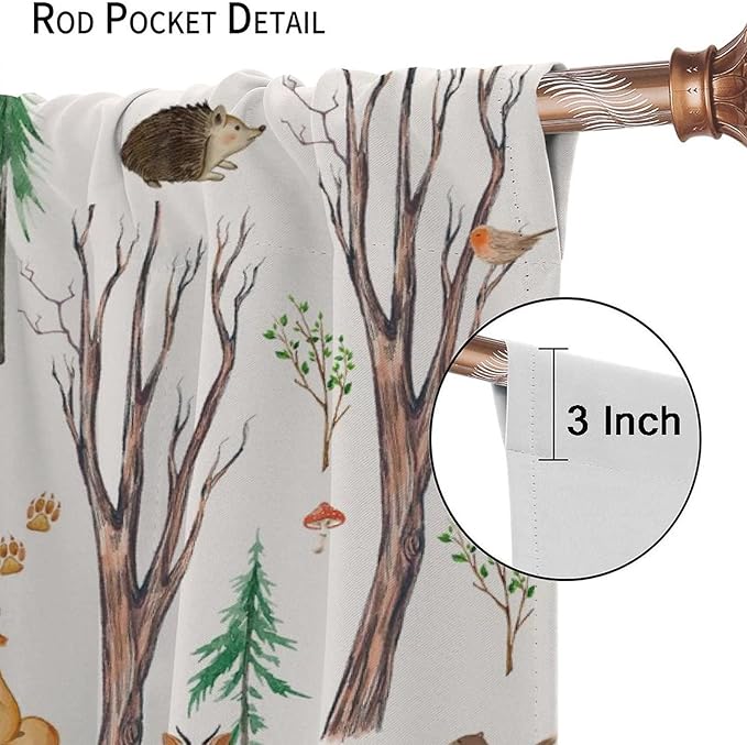 Forest Animal Kids Curtains, Watercolor Cartoon Window Treatments, Cute Animal Floral Girl Toddler Home Bedroom Living Room Drapes 63x63in