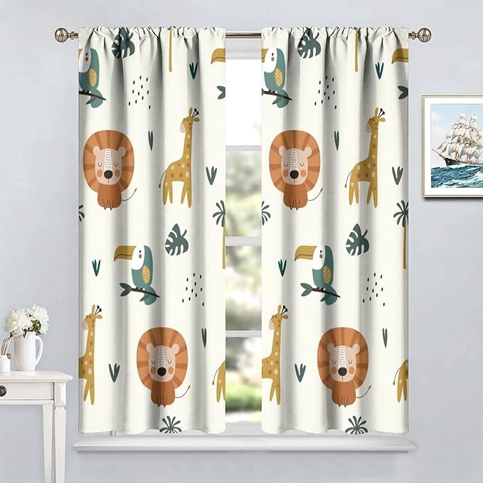 Cute Lion Window Curtains for Kids Bedroom,Cartoon Woodland Jungle Forest Wildlife Little Lion Giraffe Owl Palm Tree Printed Pattern Blackout Drapes for Living Room Baby Nursery Room 72x63in
