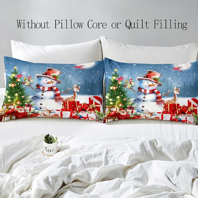 LUVIVIHOME 2PCS Cute Snowman Duvet Cover Twin Bedding Sets, Christmas Bedding, Santa Claus Deer Cardinal Christmas Tree Winter Holiday New Year Xmas Gifts Christmas Comforter Quilt Cover 1 Pillow Sham