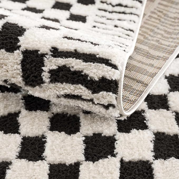 Hauteloom Leryn Contemporary Checkered Area Rug - Modern Geometric Bordered Carpet for Living Room, Bedroom, Dining Room - Checkboard Design - Square Tiles - High Pile - Black and White - 8'10" x 12'