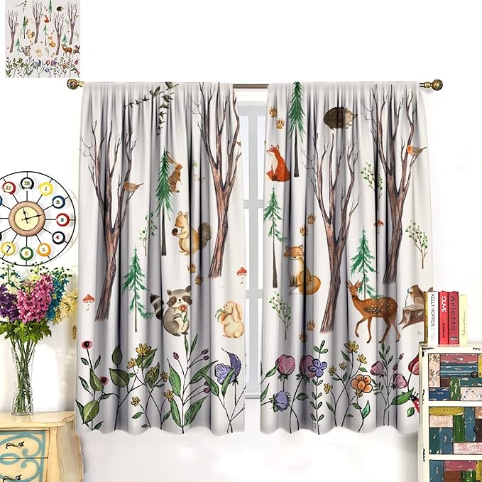 Forest Animal Kids Curtains, Watercolor Cartoon Window Treatments, Cute Animal Floral Girl Toddler Home Bedroom Living Room Drapes 72x63in