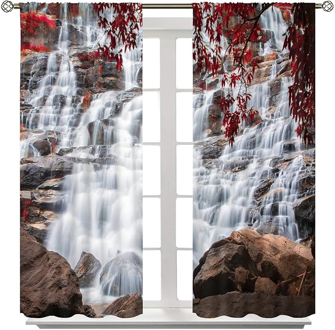 Waterfall Blackout Windows Curtains, Waterfall Red Forest Pattern Nature View Curtains, for Living Room Bedroom 42x63in 2 Panels