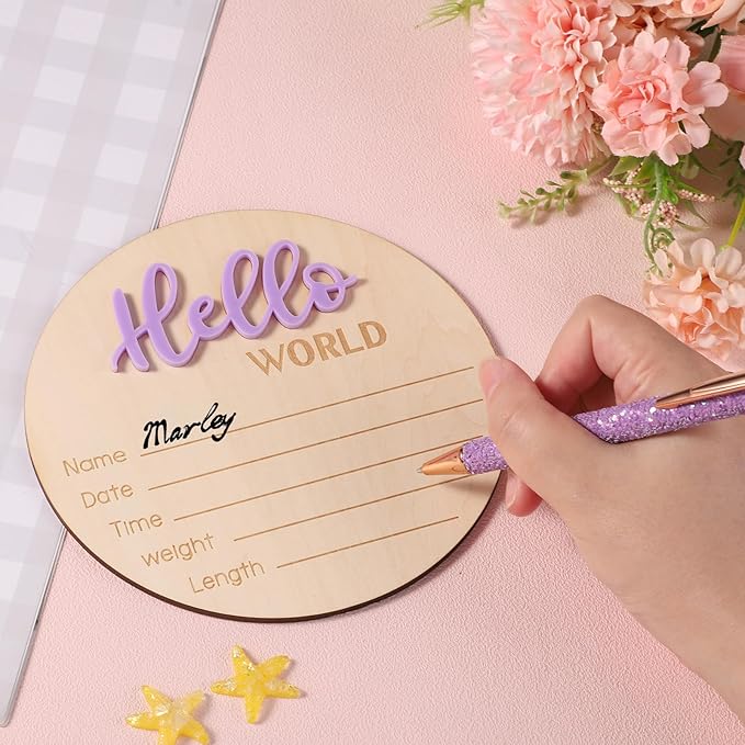 Newborn Announcement Sign, 5.9in Wooden Hello World Sign Baby Welcome Sign Birth Baby Name Plaques for Newborn Boys and Girls Photo Props Baby Shower Hospital Nursery (Light Purple)