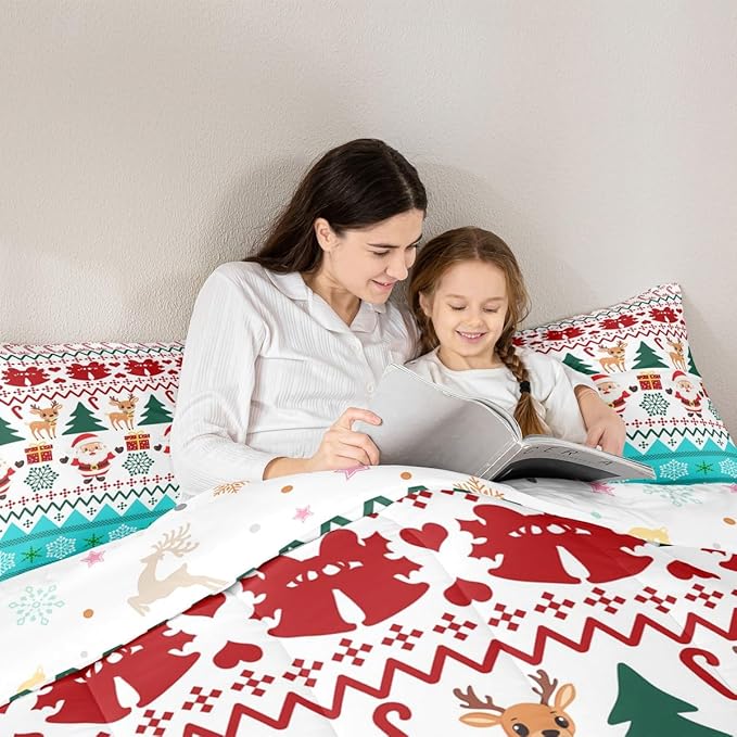Feelyou Merry Christmas Bedding Set Soft for Boys Girls, Santa Claus Comforter Set Toddler Size Cute Deer Duvet Quilt Microfiber Snowflake Bedroom Decor 2 Pcs with 1 Pillow Cases