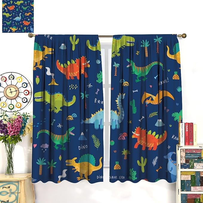 Funny Dinosaur Blackout Curtains Colorful Cartoon Animals Dino Tropical Plant Art Print for Kids Boys Bedroom Living Room Rod Pocket Decoration Window Drapes 2 Panels W42xL84in
