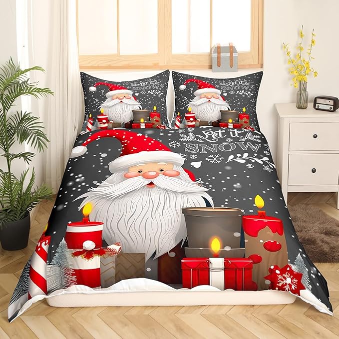 Christmas Duvet Cover Set Queen Size Santa Claus with Candles and Gift Boxes Print Bedding Set 3pcs for Kids Boys New Year Theme Comforter Cover Winter Snow Quilt Cover with 2 Pillowcases,No Comforter
