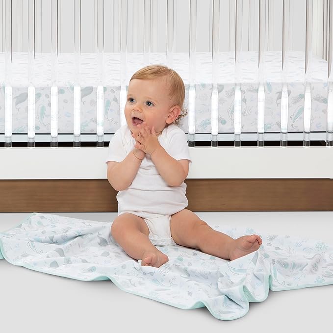Delta Children 100% Organic Cotton Fitted Crib Sheets, Sea Life + 100% Organic Jersey Cotton Baby Receiving Blankets – 30x40 Inches, GOTS Certified (Pack of 2) (Bundle)
