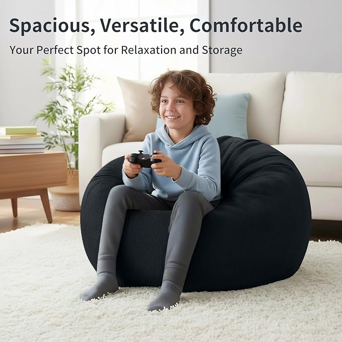 Nobildonna 3 ft Bean Bag Chair Cover (No Filler) 35"×43" Large Stuffed Animal Storage Bean Bag Washable Big Beanbag Chair Cover Premium Corduroy Stuffable Bean Bag Cover for Adults,Kids,Black 300L