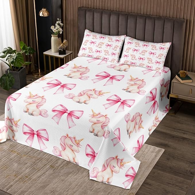 Cartoon Unicron Kids Bedspread Queen Size,Pink Bowknot Bow Tie Princess Tale Coverlet Set,Girls Women Room Decor,Cute Unicorn Bow Toddler Quilted Coverlet,Lovely Chic Bedding Quilt,2 Pillowcases