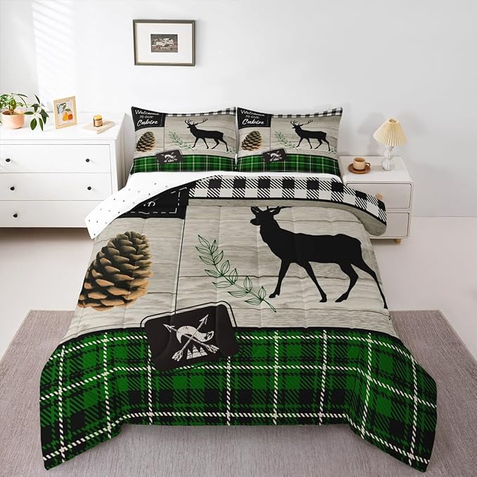Deer Silhouette Kids Comforter Set Full Size,Old Plank Leaves Bedding,Girls Boys Adults Bedroom/Xmas Cabin Decor,Geometric Grid Plaid Retro Down Comforter,Rustic Farmhouse Duvet Insert,2 Pillowcases
