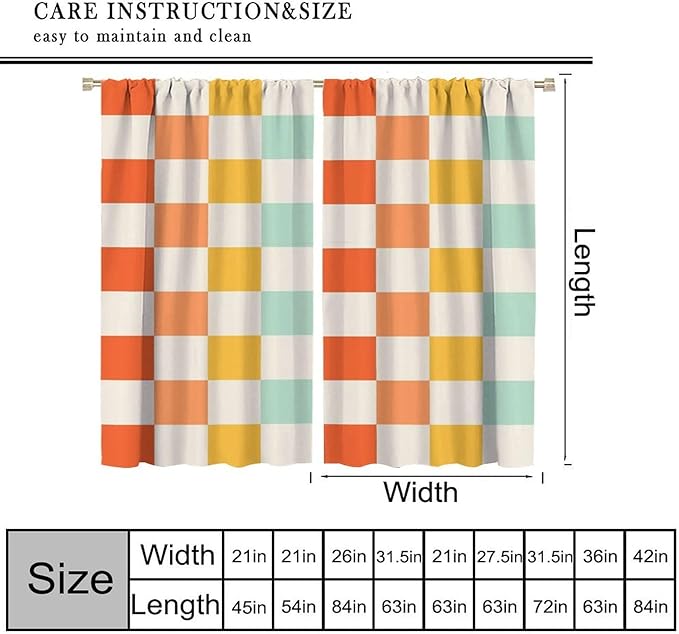 70s Retro Curtains,Cute Green Pink Yellow Checkered Hippie Window Treatments for Kids Girl Bedroom Window 42"" W X 54"" L, Style-7
