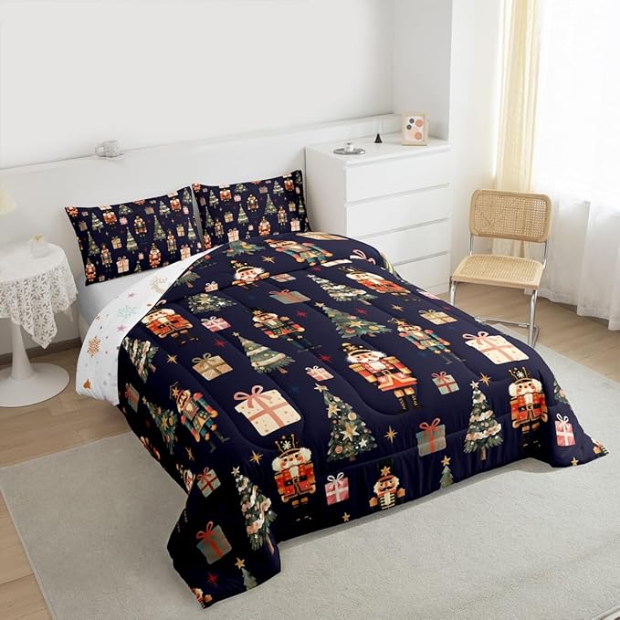 jejeloiu Xmas Nutcracker Comforter Set Twin Size Christmas Dark Blue Bedding Set for Kids Boys Girls Cute Snowflakes Duvet Quilt Bedroom Decor