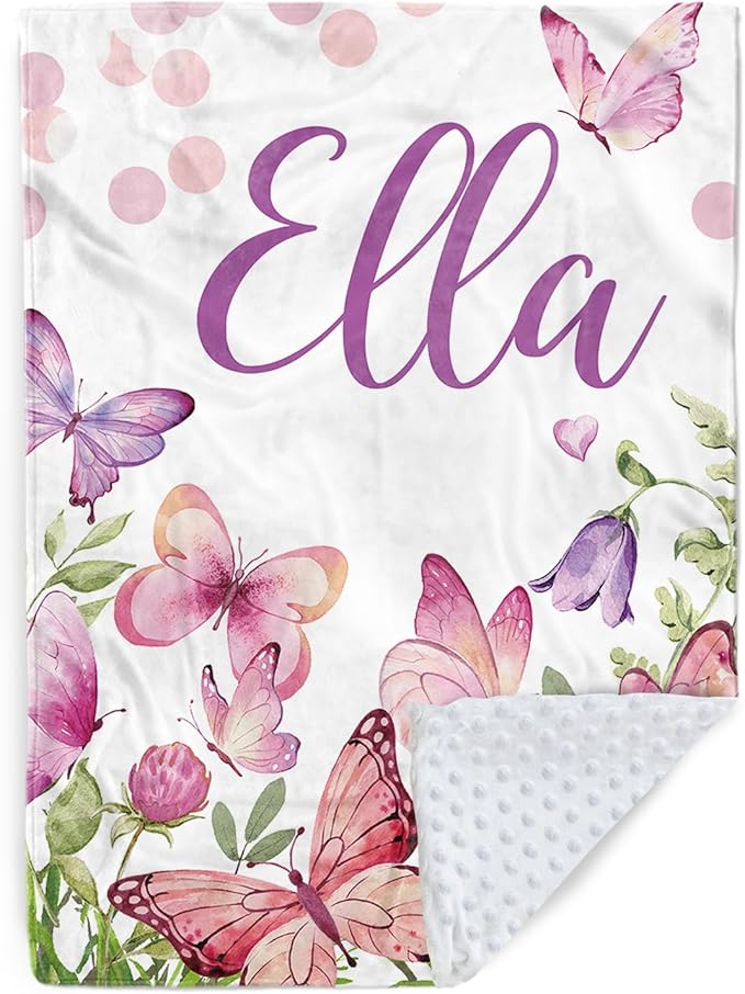Personalized Baby Blanket for Girls, Custom Name Blanket for Newborn New Mom, Soft Flannel with Double Layer Dotted Backing, Ideal Gifts for Baby Shower Christmas Birthday, Butterfly(60" x80)