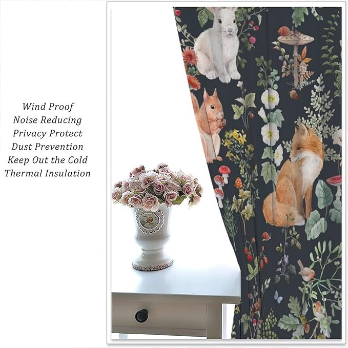 Animal Curtains, Watercolor Forest Animals Plants Pattern Blackout Window Treatments, Rod Pocket Thermal Insulated Drapes 2 Panel Sets for Bedroom Living Room, 42" W X 54" L